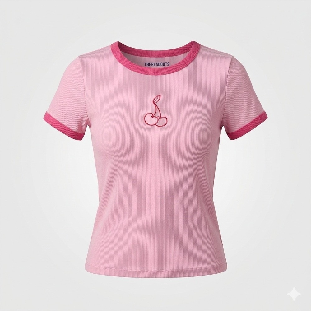 Thereabouts Girls Pink Ribbed Ringer T-Shirt Cherry‎ Embroidered Short Sleeve XL